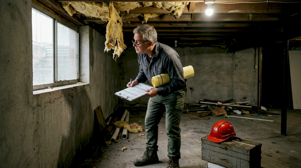 Inspector checking asbestos damage in home living room