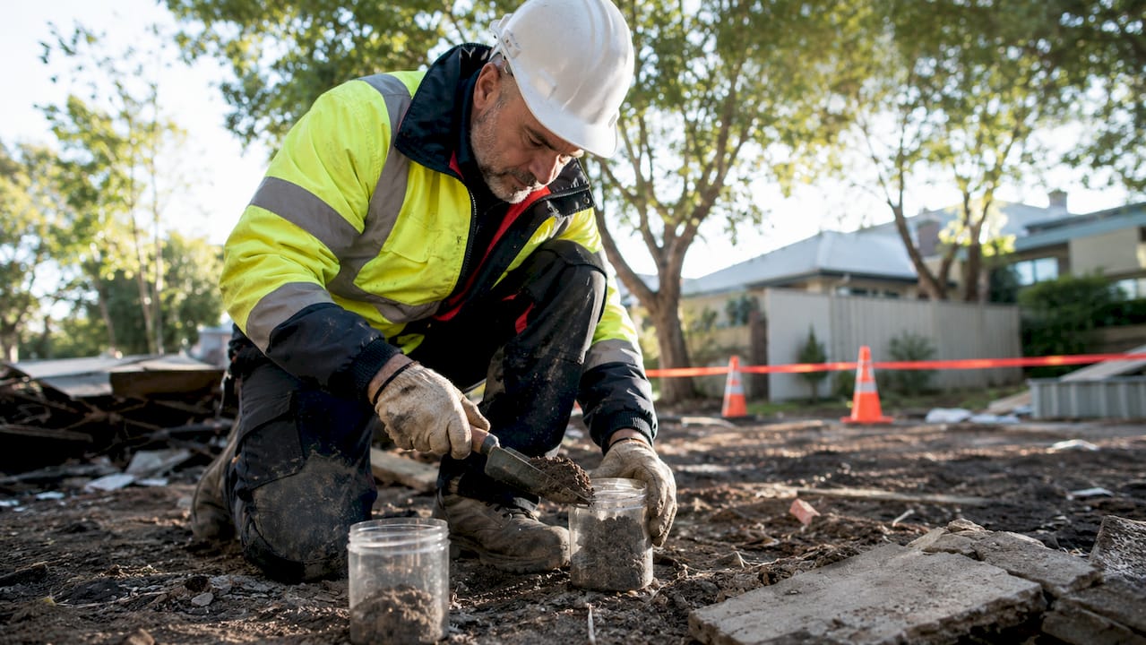 Inspector sampling asbestos-contaminated soil outdoors